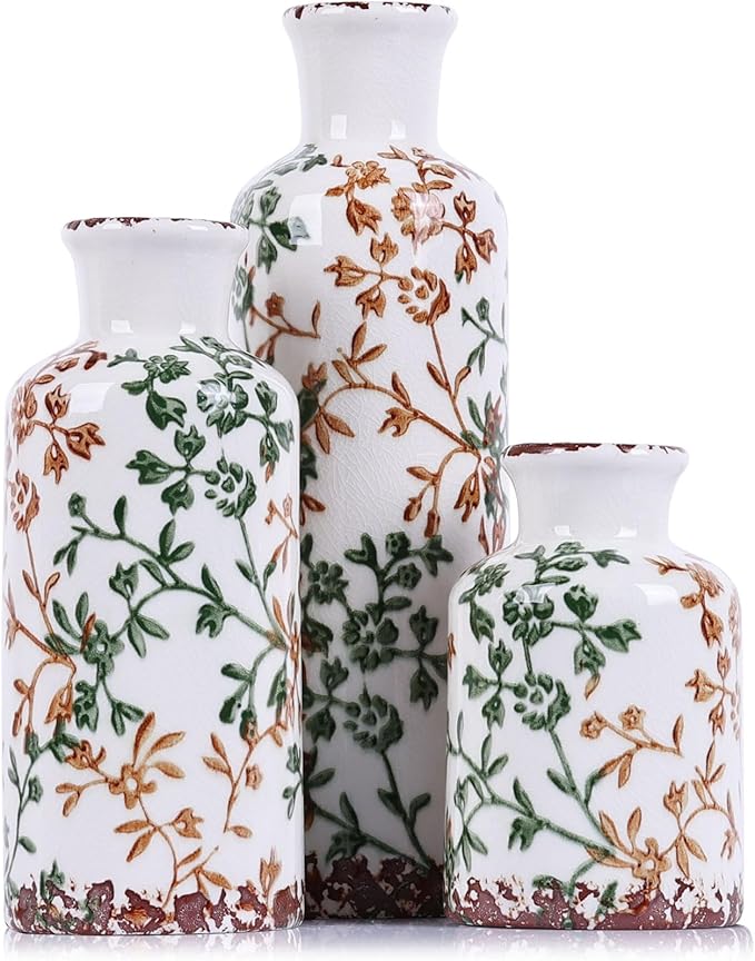 Ceramic Vase Set - 3 Ceramic Small Vases, Farmhouse Country Flower Vase Home Decor, Living Room Decoration, Table Decoration, Fireplace Decor, and Entrance Decorations Centerpiece