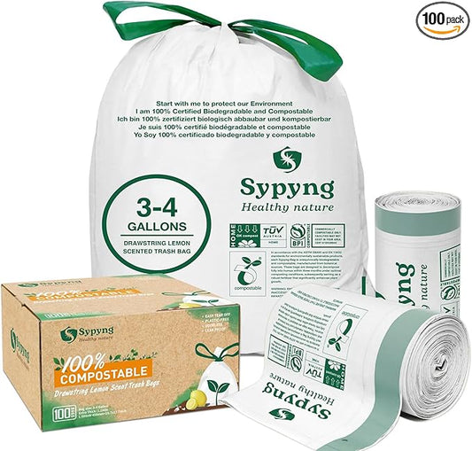 Compostable Kitchen Waste Trash Bags 3-4 Gallon (100 Pack) Heavy Duty 100% Biodegradable White Compost Bags for Countertop Bin, ASTM D6400, BPI & OK Compost HOME Certified, Eco-Friendly & Recyclable