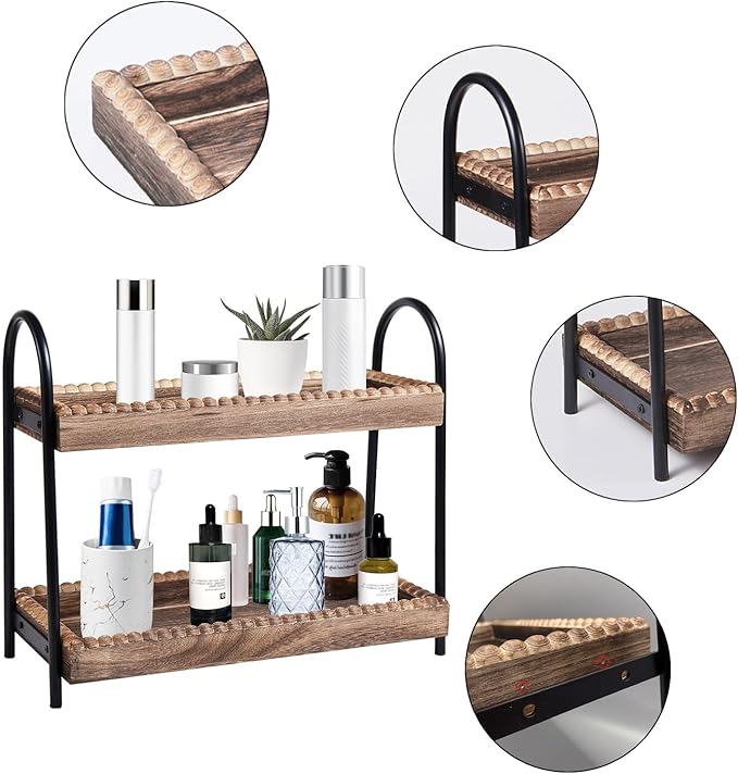Bathroom Countertop Organizer, 2 Tier Vanity Organizer and Storage for Cosmetic Skincare Perfume, Wood Bead Storage Shelf for Bathroom Kitchen Coffee Station