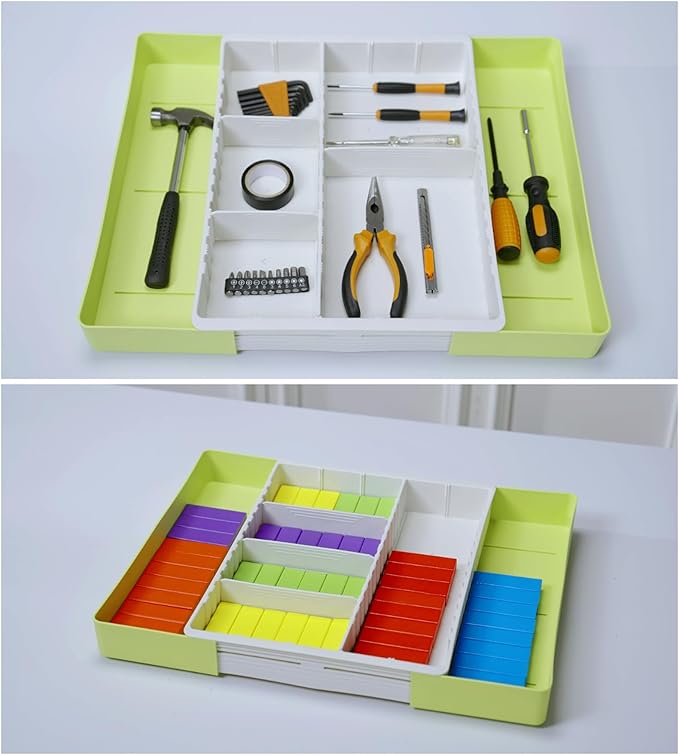 Fu Store Silverware Drawer Organizer DIY Customize Expandable Utensil Tray for Kitchen Upgraded Flatware Cutlery Holders Adjustable Plastic Tableware Storage for Spatula Spoons Forks Knives (Green)