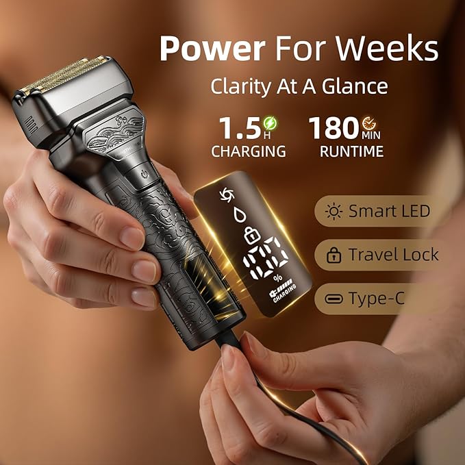 Electric Razor for Men: Rechargeable Foil Shaver with Push-Up Trimmer for Face - Cordless Wet/Dry/Anti-Slip Waterproof Shavers with LED Display - Metal Handheld Design, Light Gray Upgraded