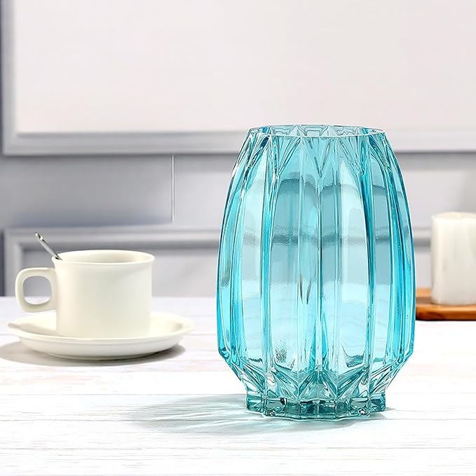 Modern Ribbed Blue Glass Vase for Flowers, Candles, and Decorative Accents - Tall/Short for Centerpieces and Table Decor (H8.0inch)