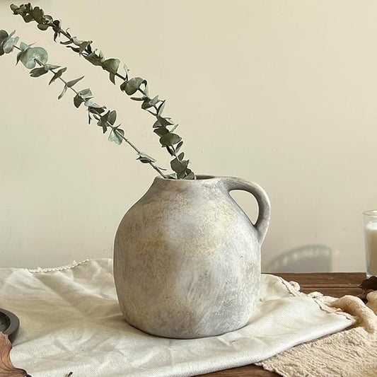 5.6 Inch Handmade Rustic Ceramic Vase with Handle, White Grey Vintage Farmhouse Vase, Pottery Flower Vase for Living Room, Office, Thanksgiving Centerpieces