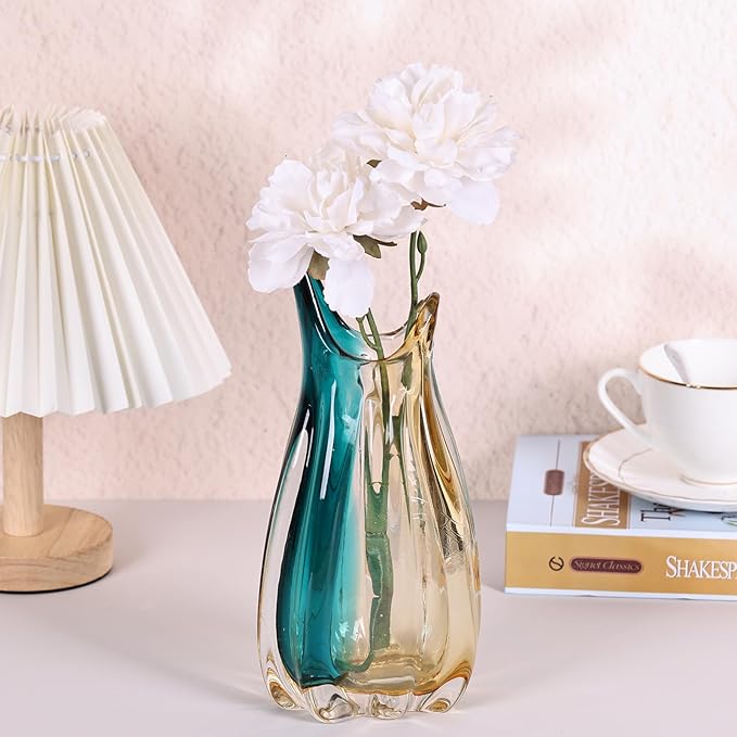 orenm Hand Blown Glass Vase,Unique Wide Glass vase,Modern Colorful Turquoise Glass Art Decor,Amber and Teal Vases for Office,Living Room,Dining Table Table Centerpieces Decorative (Horn-M)