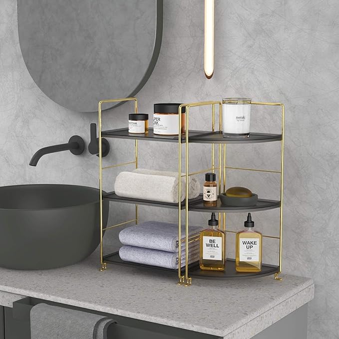 3-Tier Corner Bathroom Organizer Countertop for Storage, Counter Tray and Vanity Organizer, Plastic Counter Organizer for Kithchen, Bathroom, Dresser (Gold +Black)