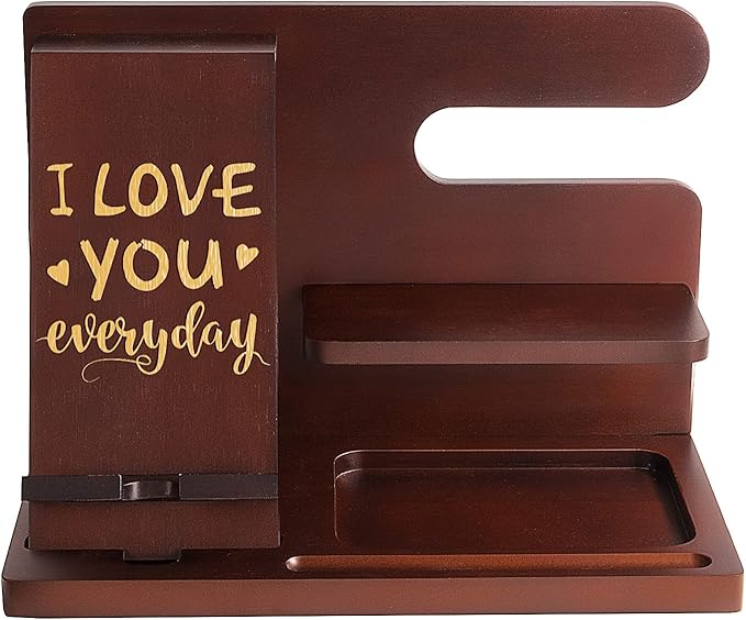Personalized Wood Phone Docking Station for Husband Boyfriend - I Love You Everyday - Key Holder Wallet Stand Watch Organizer Men Gift Anniversary Birthday Christmas Nightstand Male Travel Gadgets