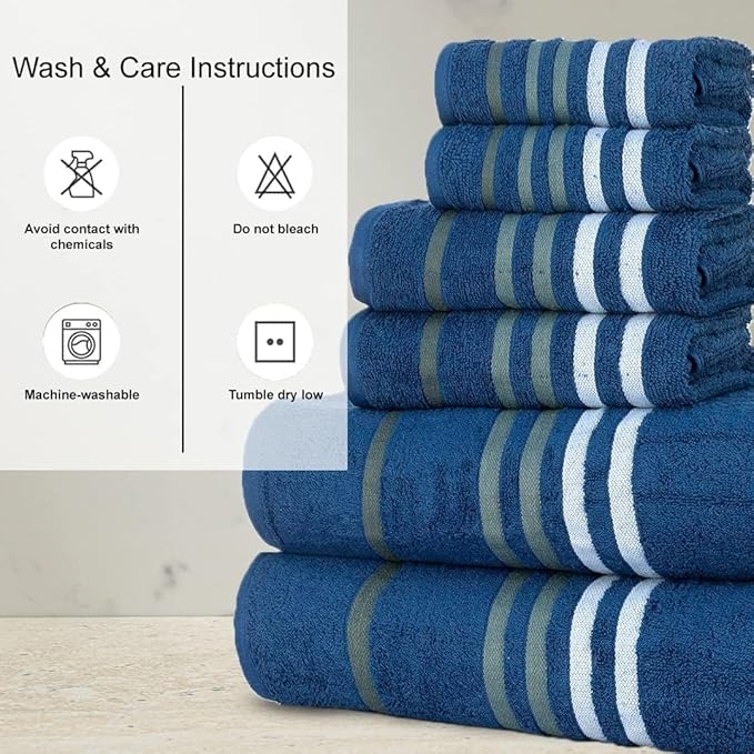 CASA COPENHAGEN Exotic 6 Pieces Towel Set- Navy, 525 GSM 2 Bath Towel 2 Hand Towel 2 Washcloth, Designed in Denmark Made of Soft Egyptian Cotton for Bathroom, Kitchen & Shower