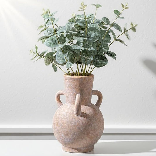 Beige Vintage Terracotta Ceramic Vase with Handles, Rustic Pottery Tulip Vase for Cottage Core Home Mantle Decor, Large Bulk Flower Vases Farmhouse Table Centerpieces, Jarrones Decorativos para Sala
