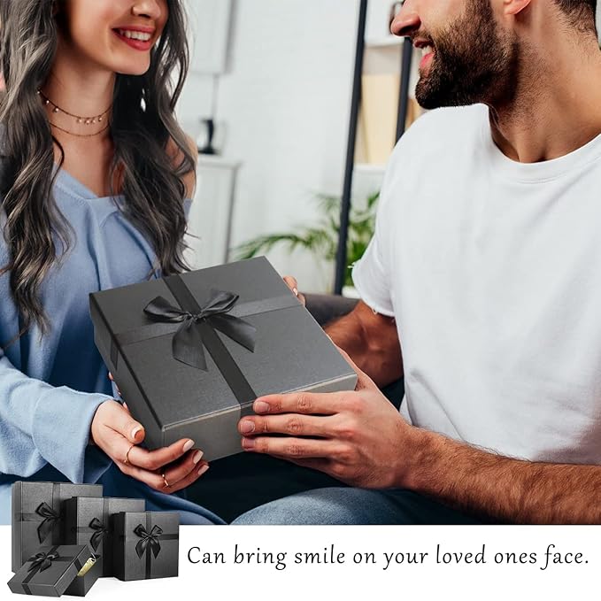 Black Gift Boxes with Lids, Set of 4 Nesting Presents Boxes for Gifts, Luxury Gift Wrap Boxes for Weddings, Birthdays, Anniversaris and All Gift Giving Occasions