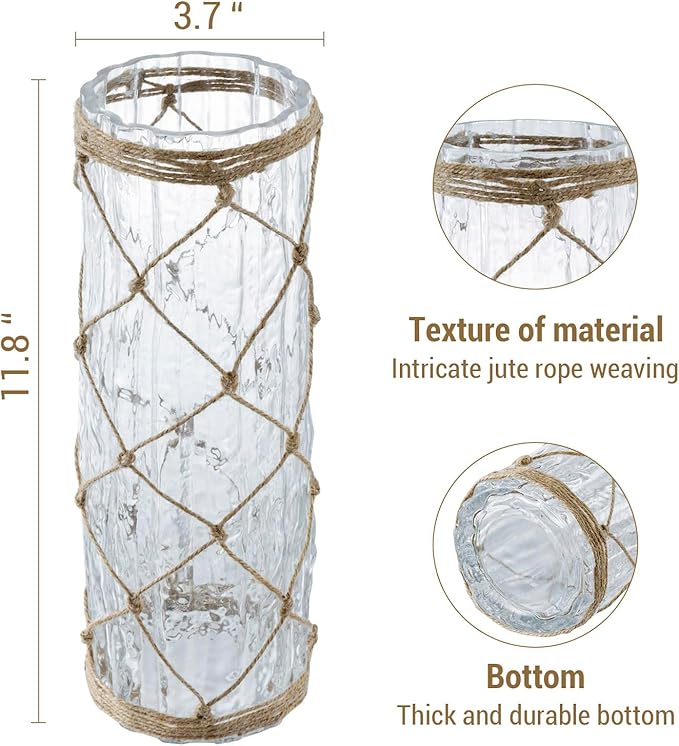 MyGift Rustic Clear Glass Vase with Hand-Woven Hemp Rope Wrap – Decorative Tabletop Flower Vase for Farmhouse, Boho, or Coastal Home Decor