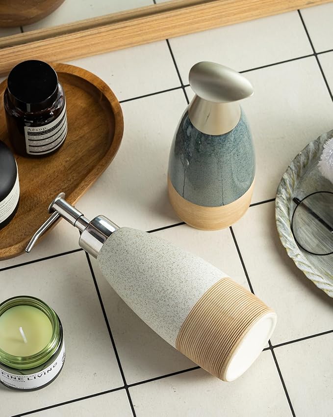 12 oz Dish Soap Dispenser with 2 Pumps, Ceramic Hand Soap Bottle for Shampoo, Body Wash, Lotion, Liquid Dispenser for Kitchen Countertop with Silicone Funnel, Ideal for Thanksgiving, Christmas, Blue