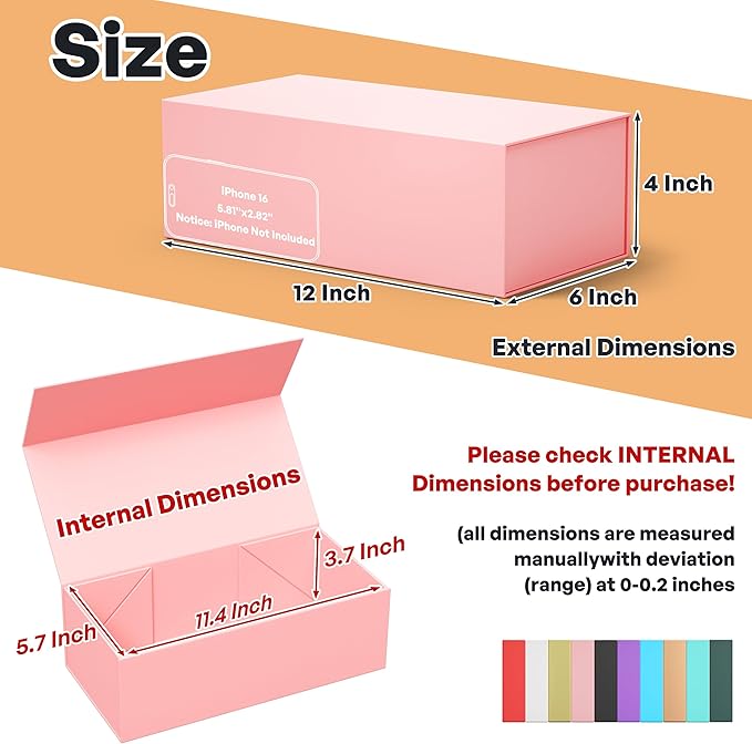 Pink Gift Box, 12x6x4'' Gift box for Presents with Lids Magnetic Closure Rectangle Collapsible for Bridesmaid Proposal Box, Wedding, Christmas, Halloween, Birthday Gift Packging