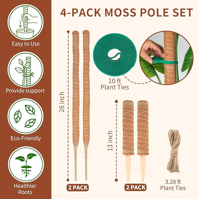 Moss Pole for Monstera, 4-Pack for All Stages - Two 28'' Bendable & Two 12'' Stackable Coir Poles, 7mm Aluminum Core Plant Support Stakes & Indoor Trellis for Pothos and Philodendron