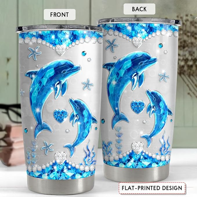 SANDJEST Dolphin Tumbler 20oz Stainless Steel Insulated Tumblers Coffee Travel Mug Cup Jewelry Drawings Style Gifts for Women Girls Teen Gift for Birthday Christmas