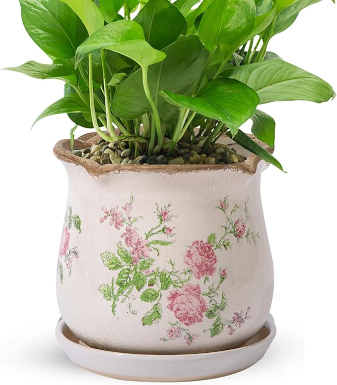 Ceramic-Planters-for-Indoor-Plants with Saucer, 6 inch Vintage Ice Crack Glaze Plant Pots with Drainage Holes, Decorative Flower Pots for Outdoor Garden Home Decor, Tuscan Pot for Plant