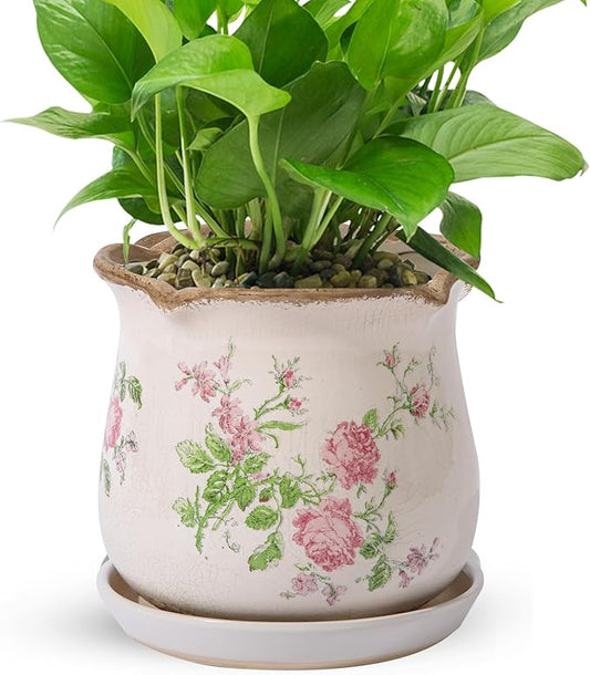 Ceramic-Planters-for-Indoor-Plants with Saucer, 6 inch Vintage Ice Crack Glaze Plant Pots with Drainage Holes, Decorative Flower Pots for Outdoor Garden Home Decor, Tuscan Pot for Plant