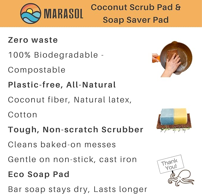 Marasol Soap Saver and Scrub Pad (4) | Coconut Fiber - Compostable | Plastic Free - Zero Waste | Bar Soap Holder | Tough Non-Scratch Scour Pad | Vegetable Brush | 4-Pack