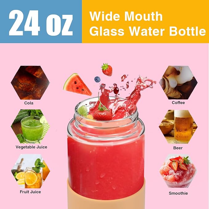 Tronco 24oz Glass Water Bottles with Bamboo Lid & Silicone Sleeve, Leak Proof, BPA Free, Reusable Borosilicate Glass Bottles for Juicing, Smoothies, Juice & Water, for Men & Women Gym, Office, Travel