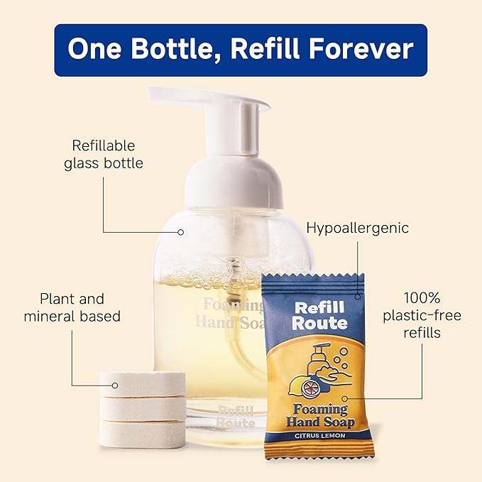 Foaming Hand Soap Refills & Dispenser Glass, 12 Hand Soap Tablets+1 Foaming Dispensers+2 Microfiber Cloths, Make 96 fl oz(12 x 8) - No Plastic, Vegan, Cleansing & Moisturizing, Lemon Scent