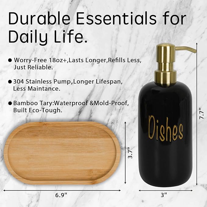 18oz Ceramic Soap Dispenser Set (2 Pack) with Stainless Steel Pump & Bamboo Tray, Bathroom & Kitchen