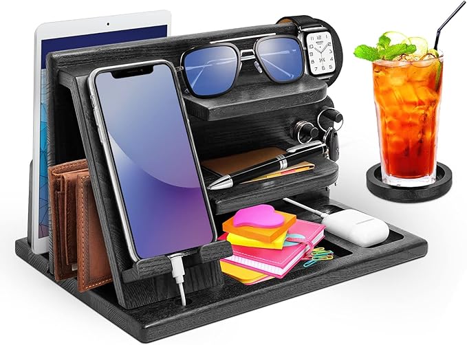 Wood Phone Docking Station - Gifts for Men Desk or Nightstand Organizer - Birthday Gifts for Husband, Fathers Day for Dad - Anniversary Idea from Wife - Key Holder, Stand Wallet, Watch & Essentials