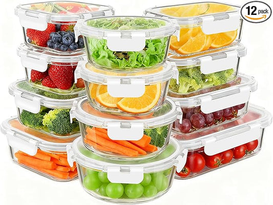 KAMOTA Glass Food Storage Containers, White Glass Meal Prep Containers, Airtight Containers with Snap-Lock Lids, Set of 12, for Microwave/Oven/Freezer/Dishwasher