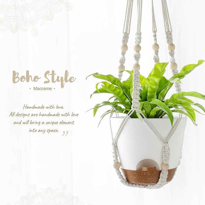 Mkono 6.5 Inch Hanging Planters, Macrame Plant Hangers with Self Watering Plant Pots Indoor Set of 2 Hanging Baskets Flower Pot Holders with Hooks No Tassels for Boho Home Decor, Ivory