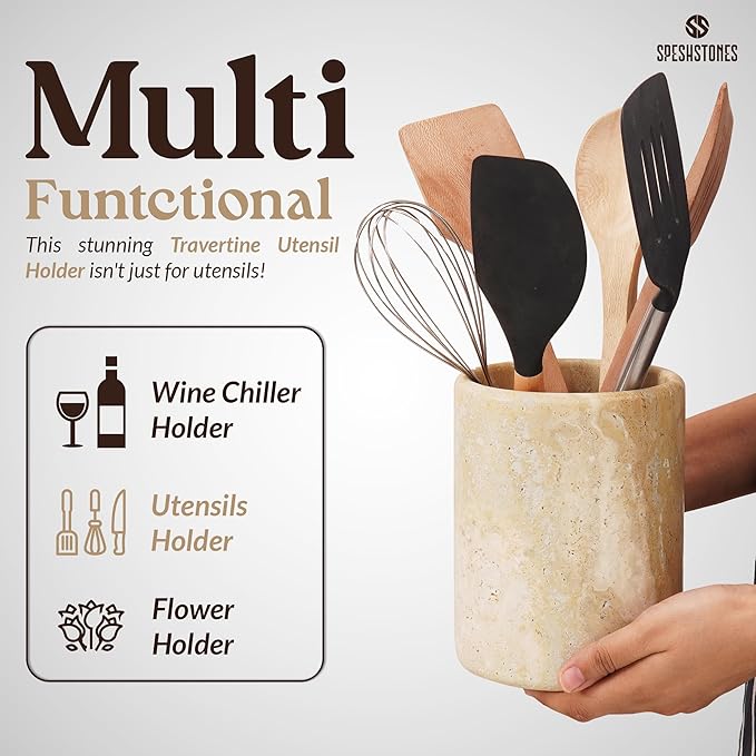 Marble Utensil Holder 6.5 Inch Wooden Cooking Utensils Set & Spatula Organizer for Kitchen Counter Decor - Travertine Utensil Crock & Stone Caddy for Spoon Holder & Modern Farmhouse Decor