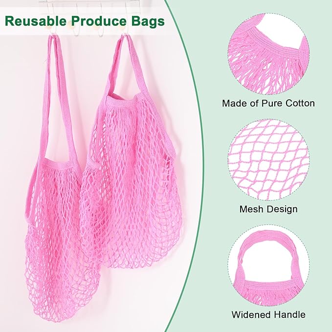 2-Pack Cotton Mesh Bag, Reusable Washable Mesh Net String Grocery Bags, Reusable Produce Bags with Handle, Net Tote Bag for Fruits/Vegetables Shopping [Pink, Long&Short Handle]