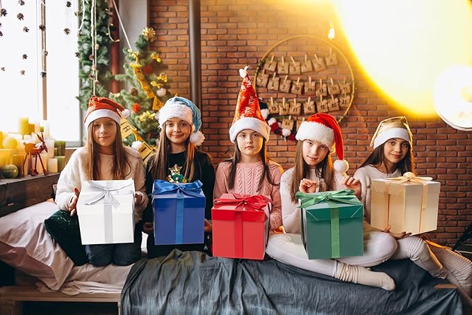 Jaywayang 5 Pack Assorted Color Gift Boxes with Lids, Ribbons and Tissue Papers Square Gift Boxes - 7.1 Inch - Christmas Presents Wrapping Birthday Decoration Party Favor Boxes.