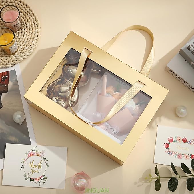 JINGUAN 5 Gold Gift Boxes with Windows, Gift Boxes with Lids and Handles, Clear Magnetic Gift Boxes for Presents, Bridesmaid Proposal Boxes (10.5x7.5x3 Inches