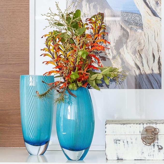 Ca D Oro Murano Style Glass Vase Blue Feather Pattern Hand Blown Art Glass for Flower, Room Decoration and Centerpiece - Model 54 MS