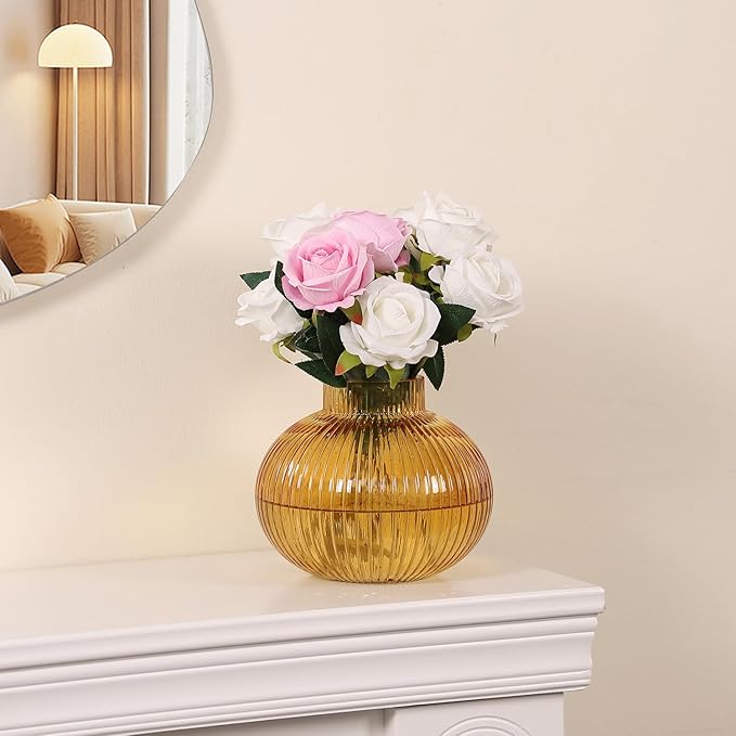 Amber Glass Vase for Tulips, Ribbed Glass Vase for Flowers, Round Flower Vases, Small Short Vases for Living Room, Office, Coffee Table, Shelf, Wedding, 6 Inches