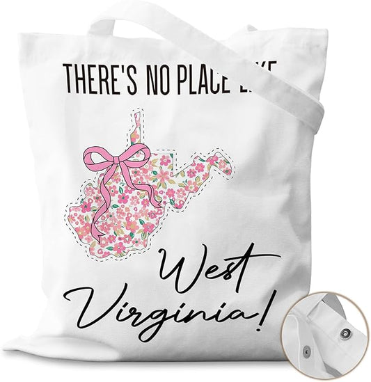 Floral West Virginia Map Bow Canvas Tote Bag for Books, Travel & Daily Use, Magnetic Buckle, 16x14 Inch(003)