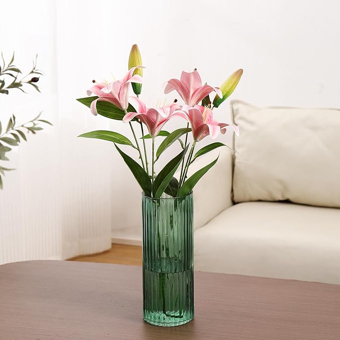 Green Glass Vase, Glass Flower Vase, Ribbed Glass Vase, Green Vase, Tall Cylinder Glass Vases for Centerpieces, Living Room, Bedroom, Dining Table, Office, Wedding, Bookshelf, 10 Inches