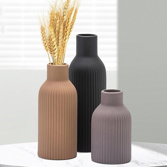 Ceramic Vase Set of 3, Flower Vases for Spring Room Decor, Kitchen Farmhouse, Modern Boho Style(Khaki/Black/Grey)