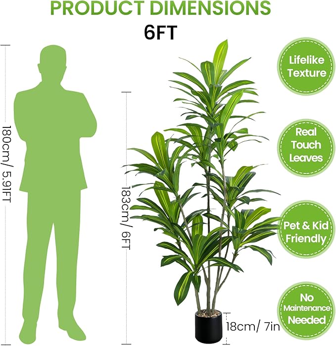 6FT Artificial Dracaena Tree, Faux Dracaena Plant with Stones in Black Round Planter, Tall Fake Floor Plant for Indoor Home Office Living Room Decor