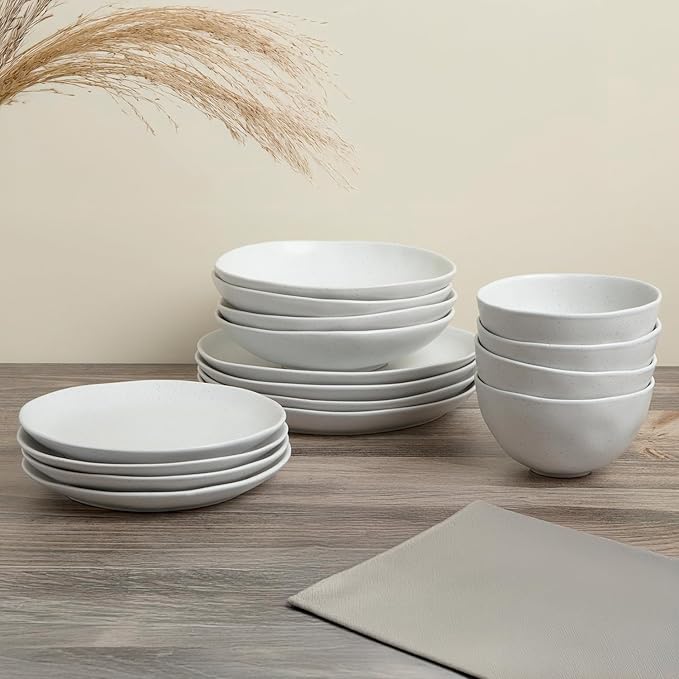Trasa Home by Larder & Vine, Eco-Friendly High Fired Artisan Stoneware, Organic & Modern Dinnerware, 16 piece set, 4 place settings (Millstone)