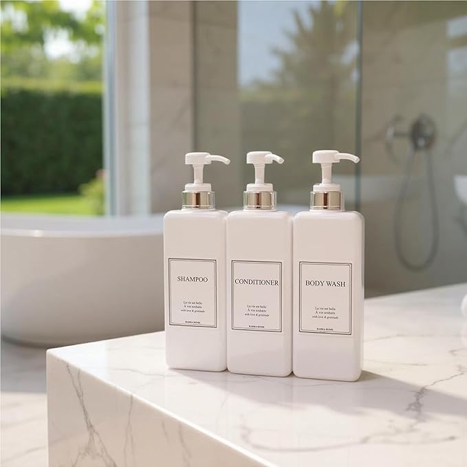 Modern Design Large 27 oz Shampoo and Conditioner Dispensers - Empty Plastic Refillable Pump Bottle Set for Bathroom Shower Soap Dispenser, Gift Box Included, Set of 3, (White & Silver)