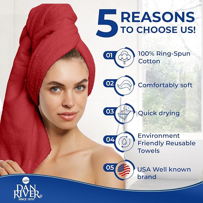 DAN RIVER 8 PC Luxury Bath Towels for Bathroom, 2 Bath, 2 Hand, and 4 Wash Cloths, 600 GSM 100% Ring Spun Cotton Towel Set, Highly Absorbent, Gym, Hotel, and Spa, Red