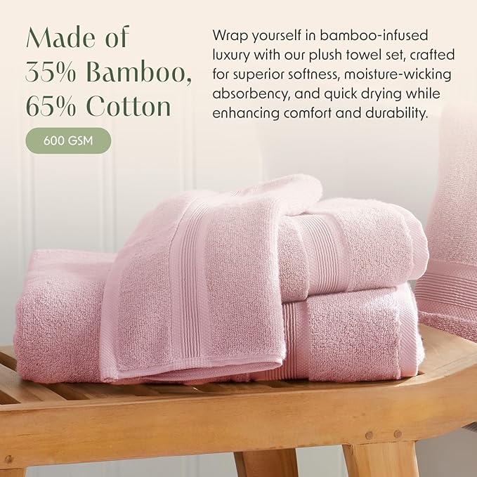 Springtree Home Luxury Bamboo Rayon Bath Towel Set 6 Piece Set | 35% Bamboo Rayon - 65% Cotton | Absorbent Quick-Dry Towels for Bathroom | Oeko-TEX Standard 100 Cotton | Pink Shadow