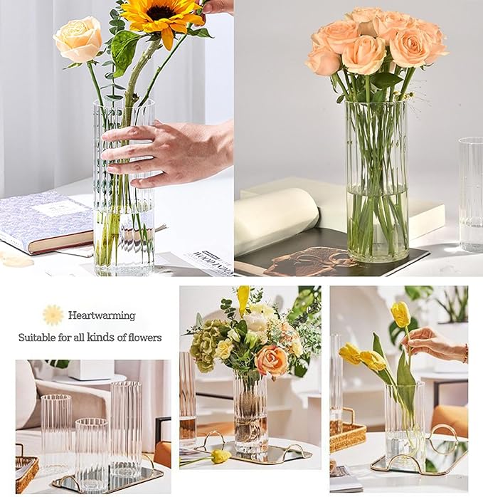 8 inch Clear Glass Flower Vases,Ribbed Vase for Centerpiece Table Home Indoor Desk Decor, Modern Boho Style Vase for Wedding House Gift