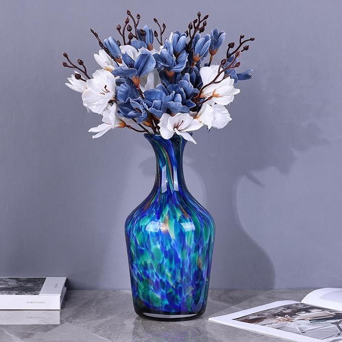 12.2" Tall Hand Blown Glass Vase – Pretty Teal Decorative Flower Vase, Modern Vintage Fusion Home Decor, Colorful Murano Glass Vases for Table Centerpieces, Living Room, Bathroom, Entry Table