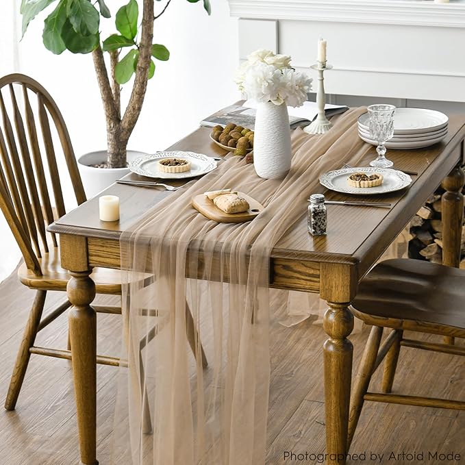 Artoid Mode Coffee Gauze Table Runner 120 Inch 10FT, Seasonal Sheer Kitchen Dining Holiday Wedding Birthday Baby Shower Table Decor for Home Party