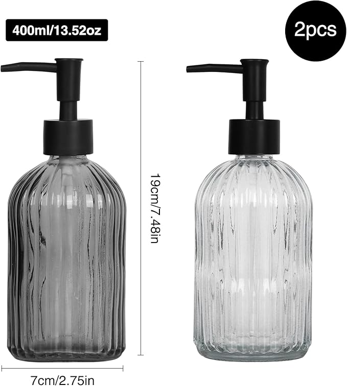 Black & Clear Glass Soap Dispenser with Plastic Pump, 13.5oz Vertical Stripe Design Hand Soap Dispenser for Dish Wash, Refillable Lotion Dispenser for Bathroom and Kitchen