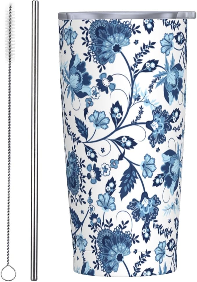 Blue White Porcelain Pattern Tumbler,Ceramics Flower 20oz Stainless Steel Insulated Travel Tumblers,Travel Coffee Mug with Lid and Straw Water Bottle Drink Cups Gifts for Women Men Lovers