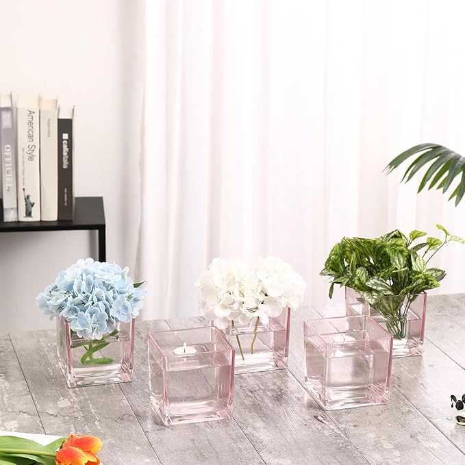Square Pink Glass Vases Set of 2, 6" x 6" x 6" Square Vase for Centerpieces, Flower Vases for Centerpieces, Small Vase for Wedding, Party, Home Office Decoration