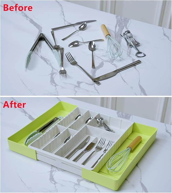Fu Store Silverware Drawer Organizer DIY Customize Expandable Utensil Tray for Kitchen Upgraded Flatware Cutlery Holders Adjustable Plastic Tableware Storage for Spatula Spoons Forks Knives (Green)