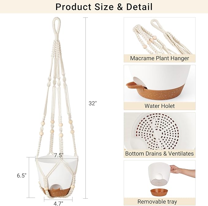 Mkono 7.5 Inch Hanging Planters, Macrame Plant Hangers with Self Watering Plant Pots Indoor Set of 2 Hanging Baskets Flower Pot Holders with Hooks No Tassels for Boho Home Decor, Ivory