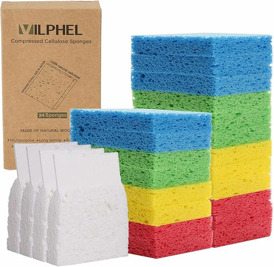 Plastic Free Natural Sponges 24 Pack Compressed Cellulose Multi-Color Flat Sponges Multi Use Dish Washing Sponge for Kitchen Cookware and Bathroom